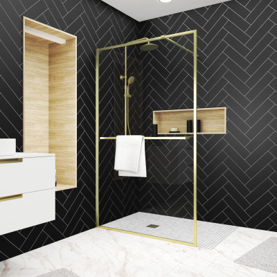 Paroi de Douche Or Doré Brossé 120x200cm - Porte-serviette et étagère - GOLDY CONTOURING SHELF