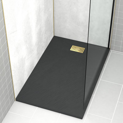 Pack Receveur Noir Effet Pierre 90x140 cm et Grille décor Linéaire Or Doré Brossé - ROCK 2