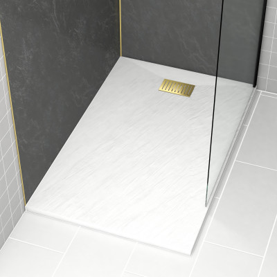 Pack Receveur Blanc Effet Pierre 90x140 cm et Grille décor Linéaire Or Doré Brossé - ROCK 2