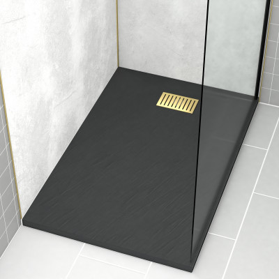 Pack Receveur Noir Effet Pierre 80x120 cm et Grille décor Linéaire Or Doré Brossé - ROCK 2