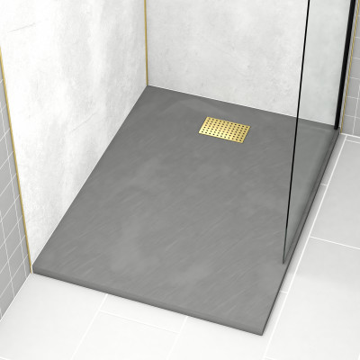 Pack Receveur Gris Effet Pierre 90x120 cm et Grille décor Perforée Or Doré Brossé - ROCK 2