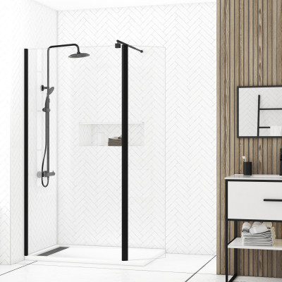 Pack Paroi de Douche et Volet Pivotant 100+40x200 cm - Verre Transparent - Barre de Fixation Noire