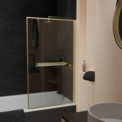 Pare-baignoire Rabattable 75x130cm en Verre trempé - Porte-serviette et Etagère Or Doré Brossé