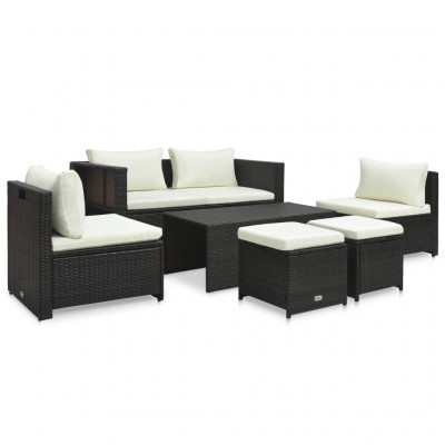 Salon de jardin meuble d'extérieur ensemble de mobilier 6 pièces avec coussins résine tressée marron 02_0016883