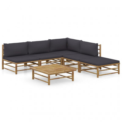 Salon de jardin meuble d'extérieur ensemble de mobilier 6 pièces avec coussins gris foncé bambou 02_0016784