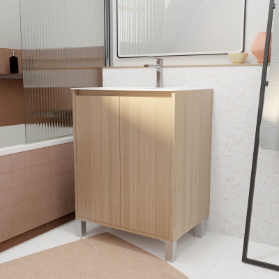 Pack Meuble Salle de Bains 60 cm Chêne Clair, 2 portes avec Vasque Céramique - XENOS