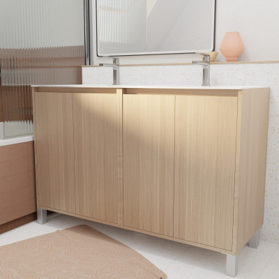Pack Meuble Salle de Bains 120 cm Chêne Clair, 4 portes avec Vasque Céramique - XENOS