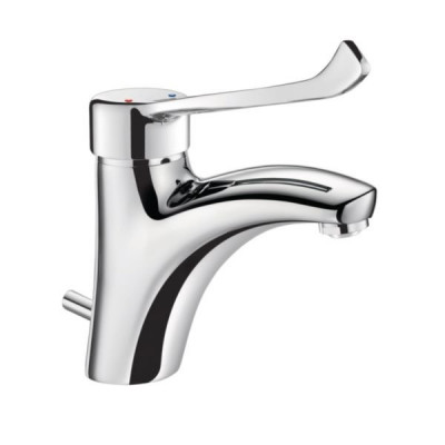 Mitigeur de lavabo à bec fixe H 85 commande par levier médical L 150 avec vidage laiton 33 x 42 à tirette et cartouche standard DELABIE