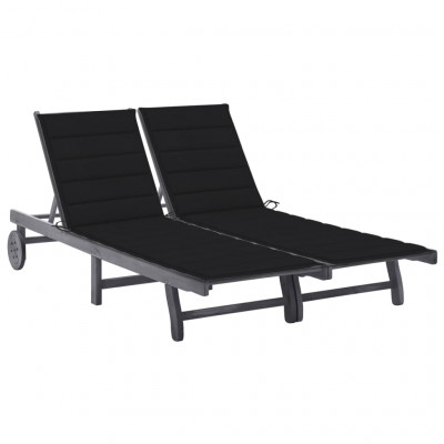 Transat chaise longue bain de soleil lit de jardin terrasse meuble d'extérieur 2 places avec coussin acacia gris 02_0012228