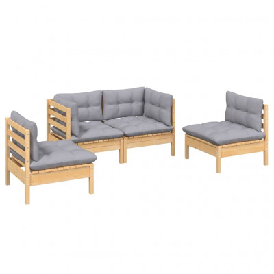 Salon de jardin meuble d'extérieur ensemble de mobilier 4 pièces avec coussins gris bois de pin massif 02_0016131