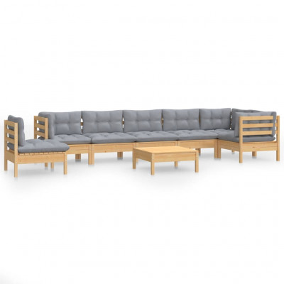 Salon de jardin meuble d'extérieur ensemble de mobilier 9 pièces avec coussins gris bois de pin solide 02_0017990