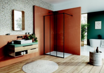 Paroi de douche fixe montée seule contre 1 mur avec profilé de compensation mural et barre de stabilisation EASY WALK-IN 1000x2000 profilé noir mat vitrage Covering Loft (72) 8mm SANSWISS RONAL GROUP