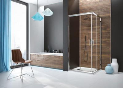 Paroi de douche Tyxo portes coulissante angle verre transparent argent brillant 90 x 100 cm LEDA