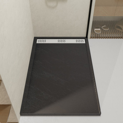 Receveur en acrylique Gris Effet Pierre 90x140x5 cm + Grilles Linéaires Chrome et Blanche