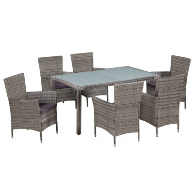 Mobilier à dîner de jardin 7 pièces et coussins résine tressée gris 02_0014819