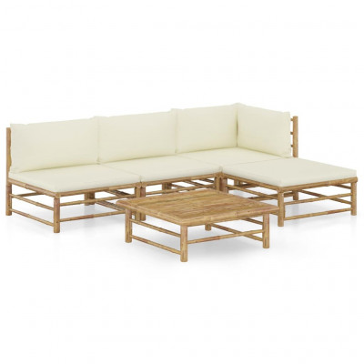 Salon de jardin meuble d'extérieur ensemble de mobilier 5 pièces avec coussins blanc crème bambou 02_0016306