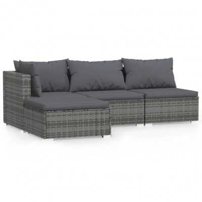 Salon de jardin meuble d'extérieur ensemble de mobilier 4 pièces avec coussins gris résine tressée 02_0016146