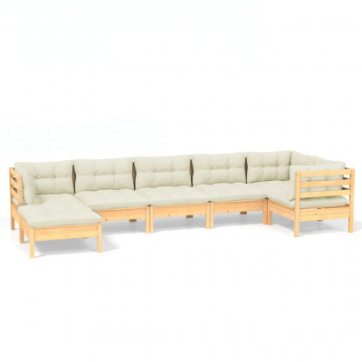 Salon de jardin meuble d'extérieur ensemble de mobilier 7 pièces avec coussins crème bois de pin solide 02_0017178