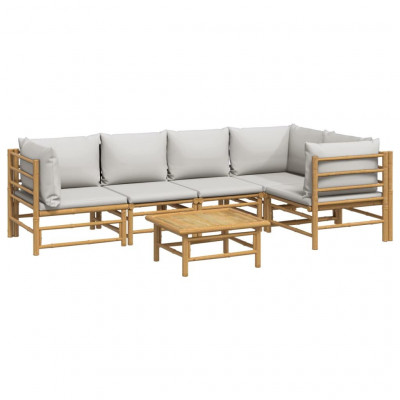Salon de jardin meuble d'extérieur ensemble de mobilier 6 pièces avec coussins gris clair bambou 02_0016776