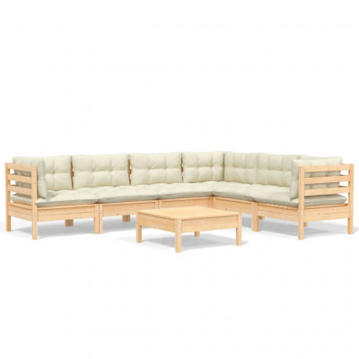 Salon de jardin meuble d'extérieur ensemble de mobilier 7 pièces avec coussins crème bois de pin solide 02_0017179