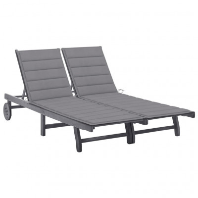 Transat chaise longue bain de soleil lit de jardin terrasse meuble d'extérieur 2 places avec coussin gris acacia 02_0012230