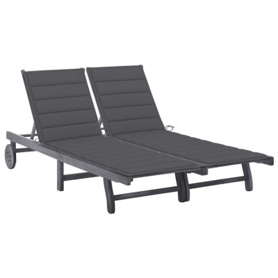 Transat chaise longue bain de soleil lit de jardin terrasse meuble d'extérieur 2 places avec coussin gris acacia 02_0012226