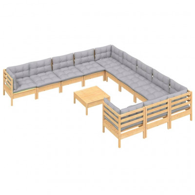 Salon de jardin meuble d'extérieur ensemble de mobilier 12 pièces avec coussins gris bois de pin 02_0015575