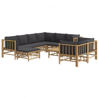 Salon de jardin meuble d'extérieur ensemble de mobilier 10 pièces avec coussins gris foncé bambou 02_0015043
