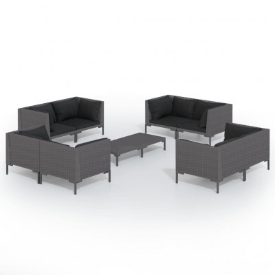 Salon de jardin meuble d'extérieur ensemble de mobilier 9 pièces avec coussins résine tressée gris foncé 02_0018110