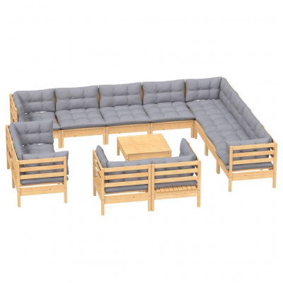 Salon de jardin meuble d'extérieur ensemble de mobilier 13 pièces avec coussins gris bois de pin solide 02_0015737