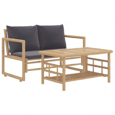 Salon de jardin meuble d'extérieur ensemble de mobilier 2 pièces avec coussins gris foncé bambou 02_0015890