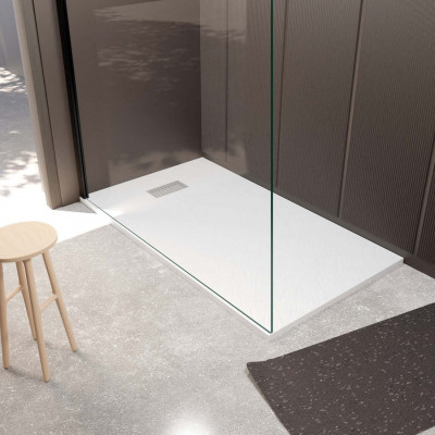 Pack Receveur Blanc Effet Pierre 80x140 cm et Grille décor Linéaire en Inox - ROCK 2