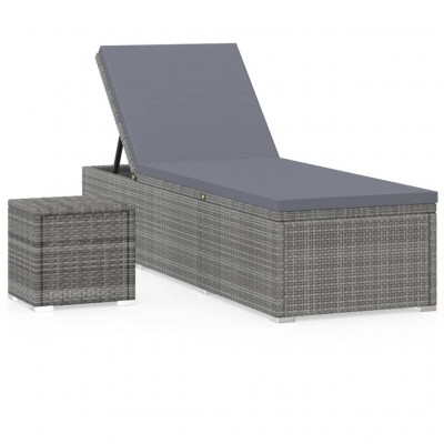 Transat chaise longue bain de soleil lit de jardin terrasse meuble d'extérieur avec coussin et table à thé résine tressée gris 02_0021024