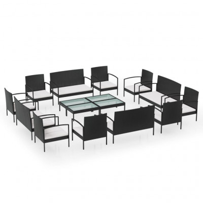 Salon de jardin meuble d'extérieur ensemble de mobilier 16 pièces avec coussins résine tressée noir 02_0015878