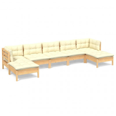 Salon de jardin meuble d'extérieur ensemble de mobilier 7 pièces avec coussins crème bois de pin 02_0017171