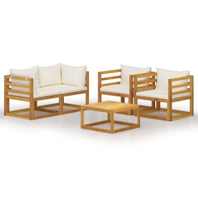 Salon de jardin meuble d'extérieur ensemble de mobilier 5 pièces avec coussin crème bois d'acacia solide 02_0016295