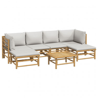 Salon de jardin meuble d'extérieur ensemble de mobilier 7 pièces avec coussins gris clair bambou 02_0017191