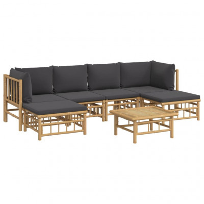 Salon de jardin meuble d'extérieur ensemble de mobilier 7 pièces avec coussins gris foncé bambou 02_0017198