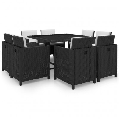 Salon de jardin meuble d'extérieur ensemble de mobilier 9 pièces avec coussins résine tressée noir 02_0018136