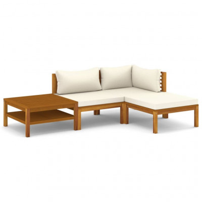 Salon de jardin meuble d'extérieur ensemble de mobilier 4 pièces avec coussin crème bois d'acacia solide 02_0016073