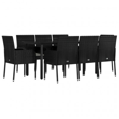 Mobilier à dîner de jardin 9 pièces et coussins noir résine tressée 02_0014833