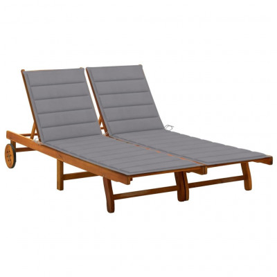 Transat chaise longue bain de soleil lit de jardin terrasse meuble d'extérieur 2 places avec coussins acacia solide 02_0012233