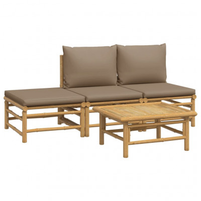Salon de jardin meuble d'extérieur ensemble de mobilier 4 pièces avec coussins taupe bambou 02_0016208