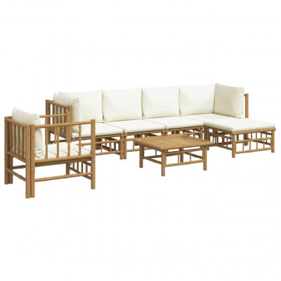 Salon de jardin meuble d'extérieur ensemble de mobilier 7 pièces avec coussins blanc crème bambou 02_0017082