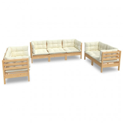 Salon de jardin meuble d'extérieur ensemble de mobilier 7 pièces avec coussins crème bois de pin massif 02_0017176