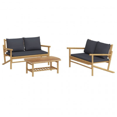 Salon de jardin meuble d'extérieur ensemble de mobilier 3 pièces avec coussins gris foncé bambou 02_0015966