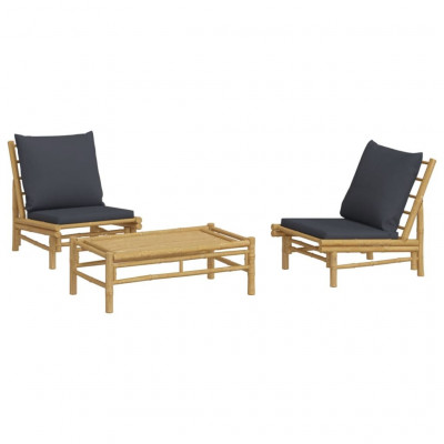 Salon de jardin meuble d'extérieur ensemble de mobilier 3 pièces avec coussins gris foncé bambou 02_0015969