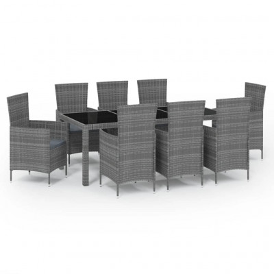 Mobilier à dîner de jardin 9 pièces et coussins résine tressée gris 02_0014842