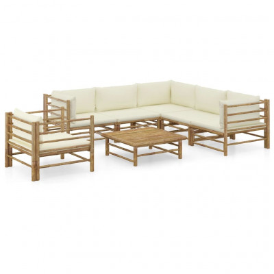Salon de jardin meuble d'extérieur ensemble de mobilier 7 pièces avec coussins blanc crème bambou 02_0017085