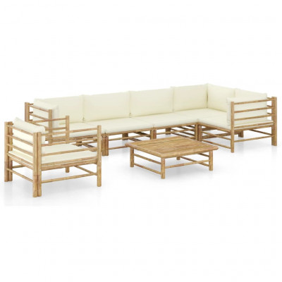 Salon de jardin meuble d'extérieur ensemble de mobilier 7 pièces avec coussins blanc crème bambou 02_0017081